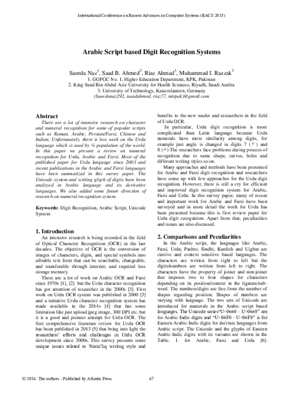 (PDF) Arabic Script based Digit Recognition Systems