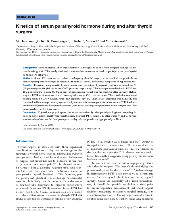 (PDF) Kinetics of serum parathyroid hormone during and after thyroid ...