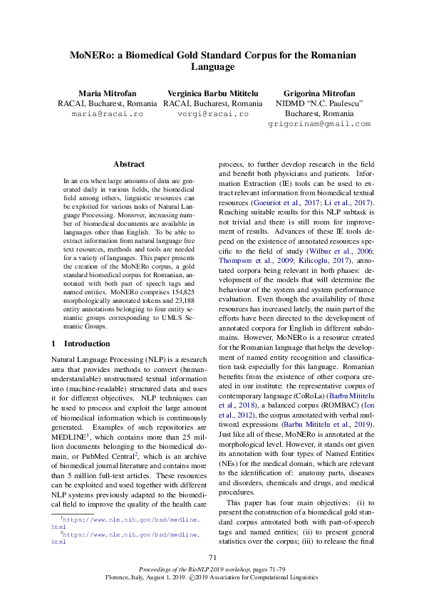 (PDF) MoNERo: a Biomedical Gold Standard Corpus for the Romanian Language