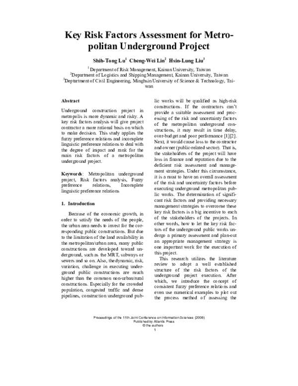 (PDF) Key Risk Factors Assessment for Metropolitan Underground Project