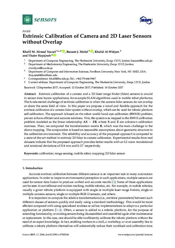 (PDF) Extrinsic Calibration of Camera and 2D Laser Sensors without Overlap