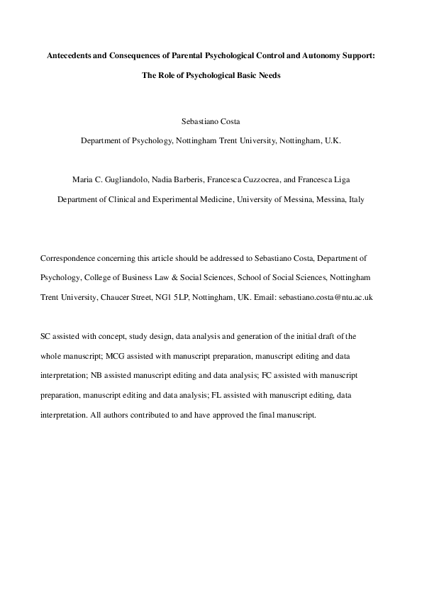 (PDF) Antecedents and consequences of parental psychological control ...