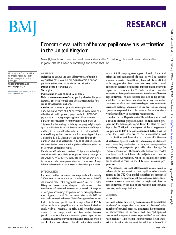 (PDF) Economic evaluation of human papillomavirus vaccination in the ...