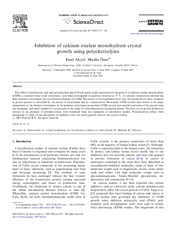(PDF) Inhibition of calcium oxalate monohydrate crystal growth using ...