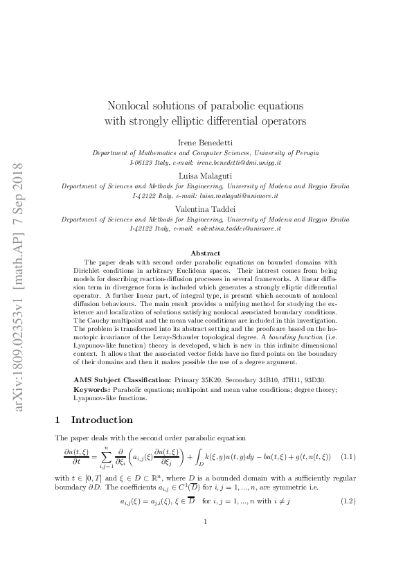 (PDF) Nonlocal solutions of parabolic equations with strongly elliptic ...