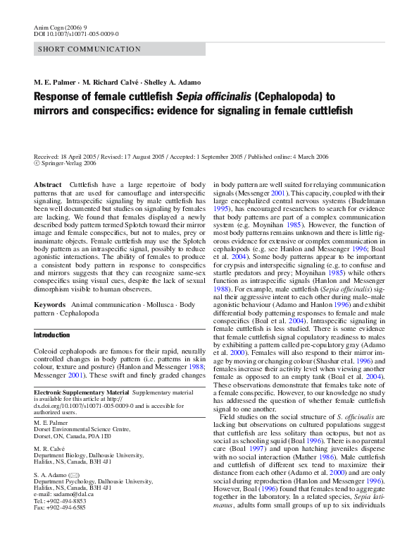 (PDF) Response of female cuttlefish Sepia officinalis (Cephalopoda) to ...