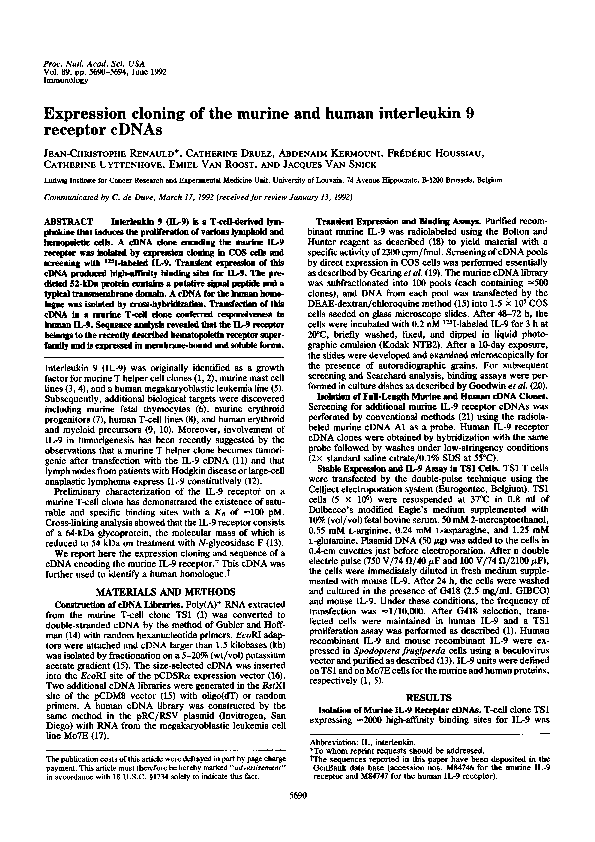 (PDF) Expression cloning of the murine and human interleukin 9 receptor ...