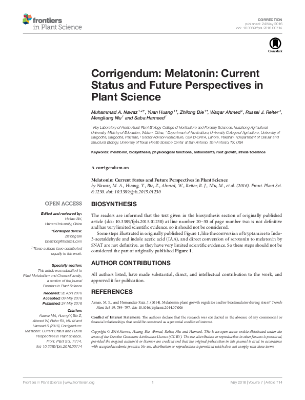 (PDF) Corrigendum: Melatonin: Current Status and Future Perspectives in ...