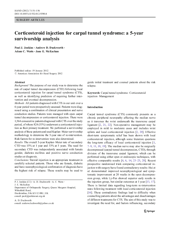 (PDF) Corticosteroid injection for carpal tunnel syndrome a 5year survivorship analysis Jane