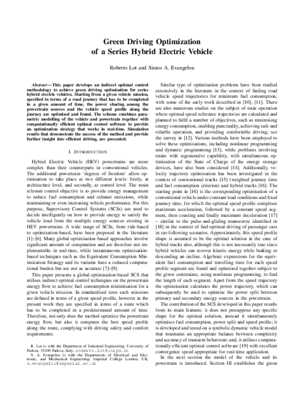 (PDF) Green driving optimization of a series hybrid electric vehicle