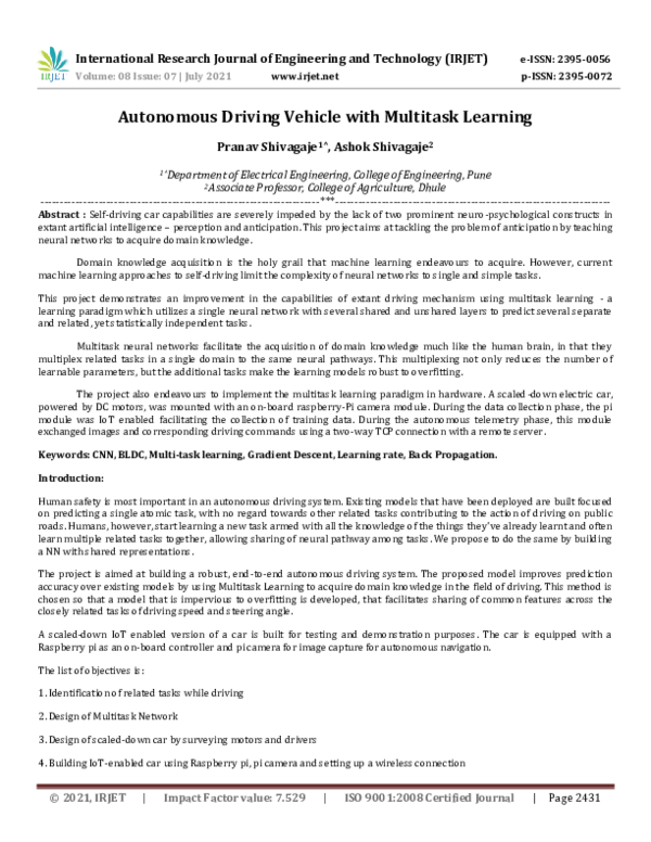 (PDF) IRJET- Autonomous Driving Vehicle with Multitask Learning