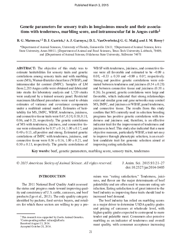 (PDF) Genetic parameters for sensory traits in longissimus muscle and ...