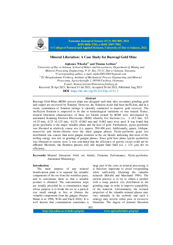(PDF) Mineral Liberation A Case Study for Buzwagi Gold Mine Alphonce