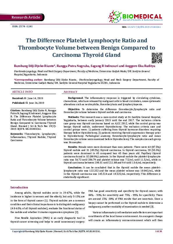 (PDF) The Difference Platelet Lymphocyte Ratio and Thrombocyte Volume ...