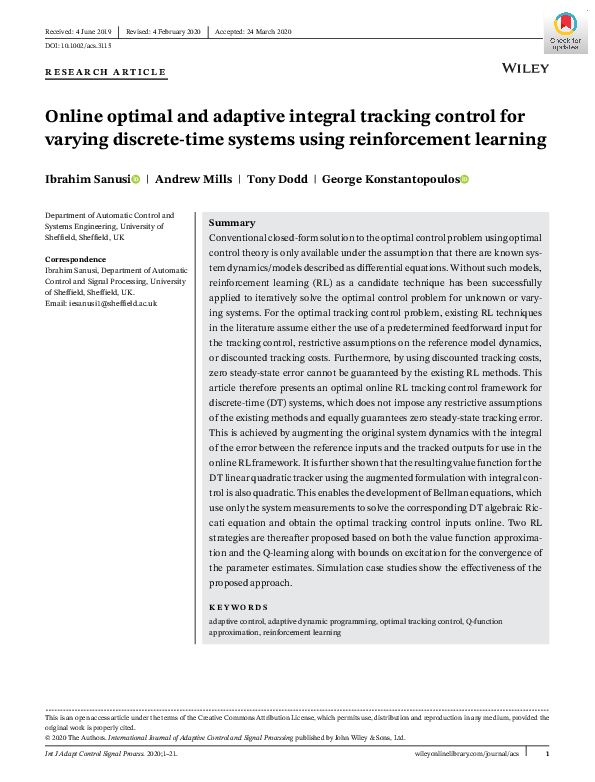 (PDF) Online optimal and adaptive integral tracking control for varying ...