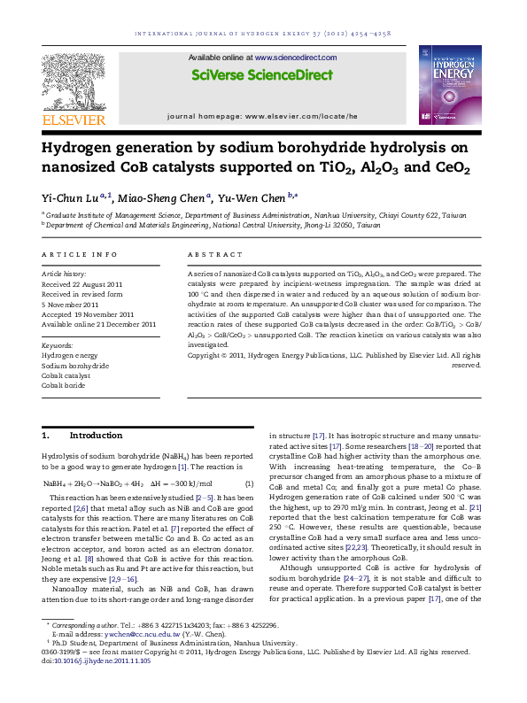 (PDF) Hydrogen generation by sodium borohydride hydrolysis on nanosized ...