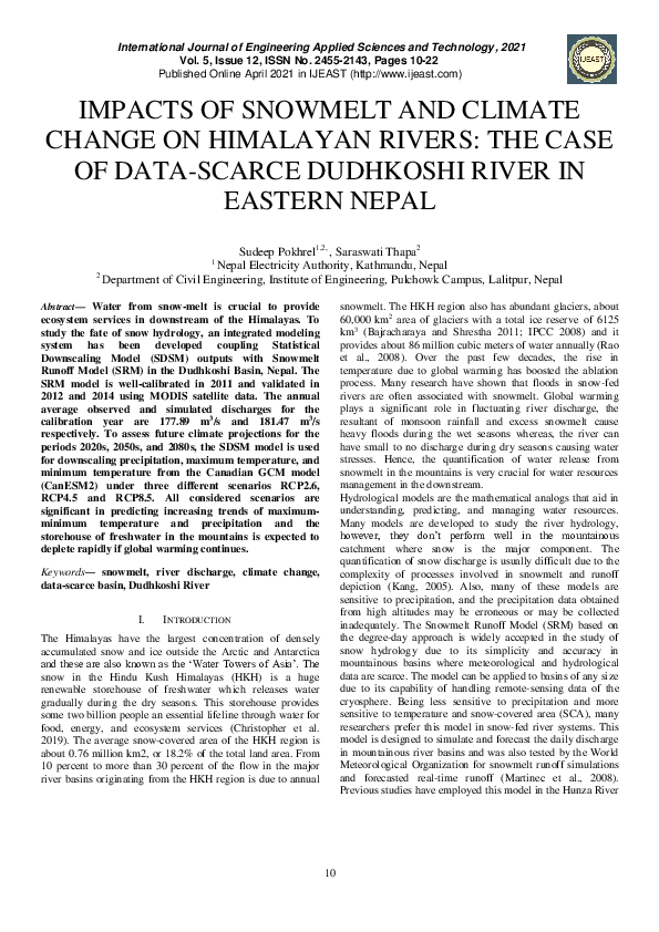 (PDF) Impacts of Snowmelt and Climate Change on Himalayan Rivers: The ...