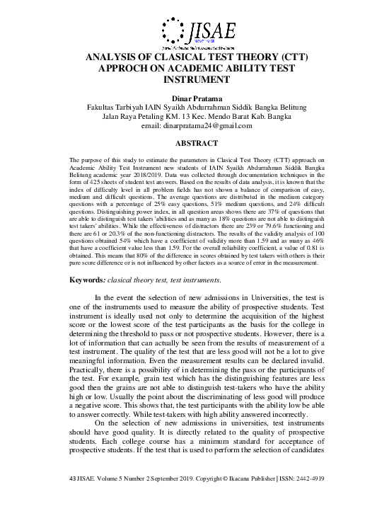 (PDF) Analysis of Clasical Test Theory (CTT) Approch on Academic ...
