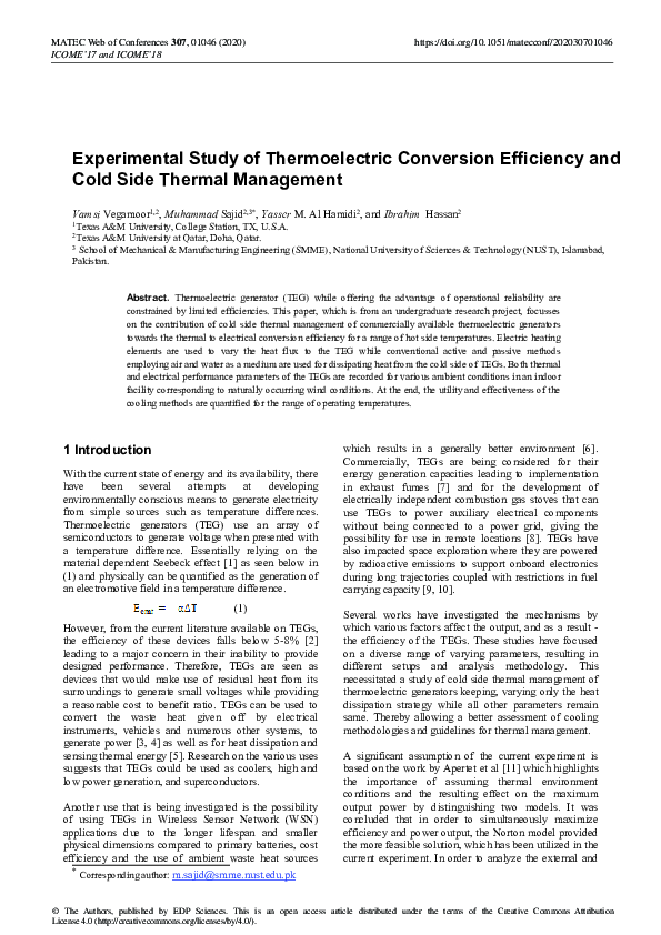 (PDF) Experimental Study of Thermoelectric Conversion Efficiency and ...