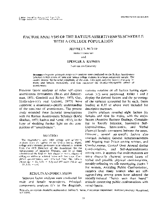 (PDF) Factor analysis of the Rathus assertiveness schedule with a ...
