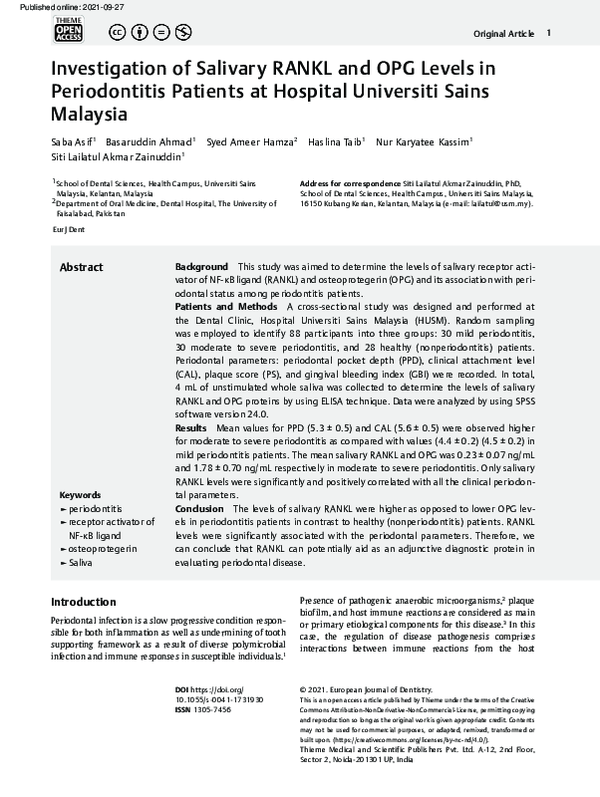 (PDF) Investigation of Salivary RANKL and OPG Levels in Periodontitis ...