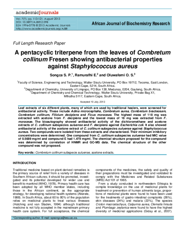 (PDF) A pentacyclic triterpene from the leaves of Combretum collinum ...
