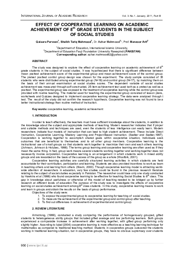 (PDF) Effect of Cooperative Learning on the Academic Achievement and ...
