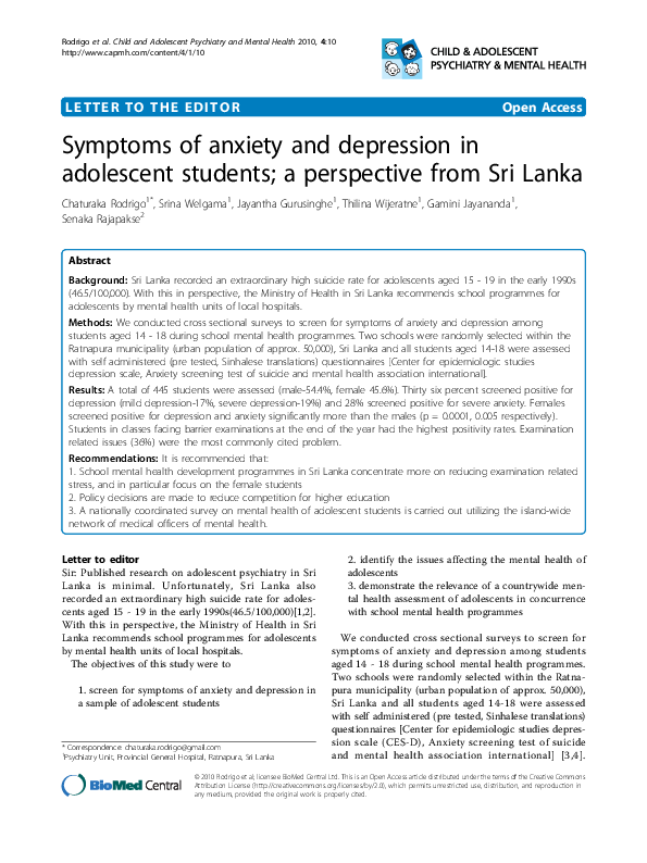 (PDF) Symptoms of anxiety and depression in adolescent students; a ...