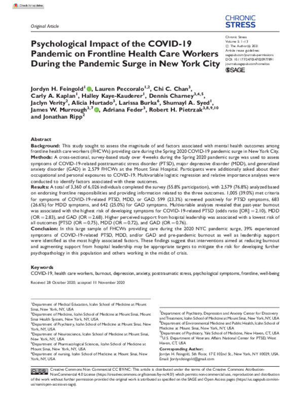 (PDF) Psychological Impact of the COVID-19 Pandemic on Frontline Health ...