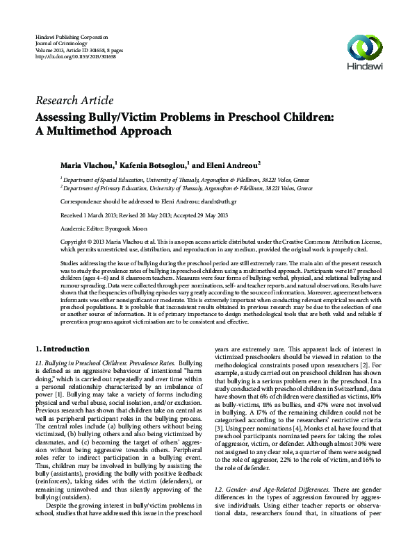(PDF) Assessing Bully/Victim Problems in Preschool Children: A ...