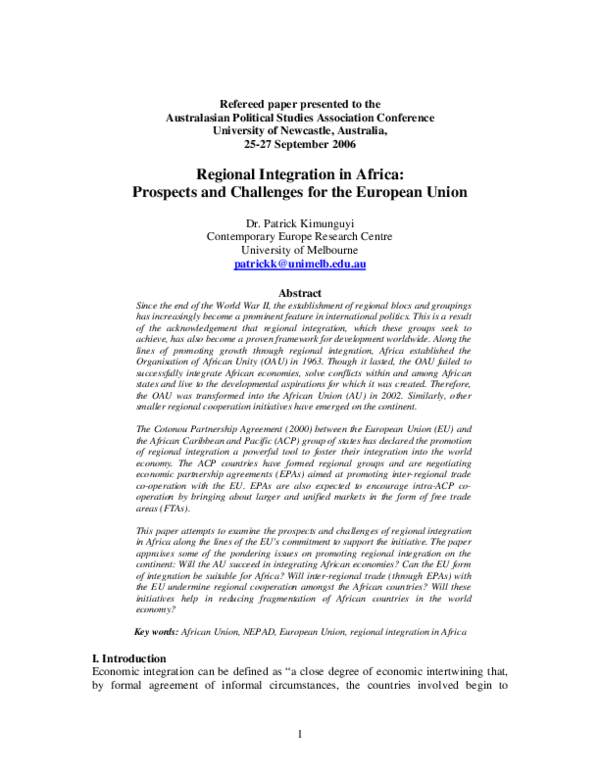 (PDF) Regional Integration in Africa: Prospects and Challenges for the ...