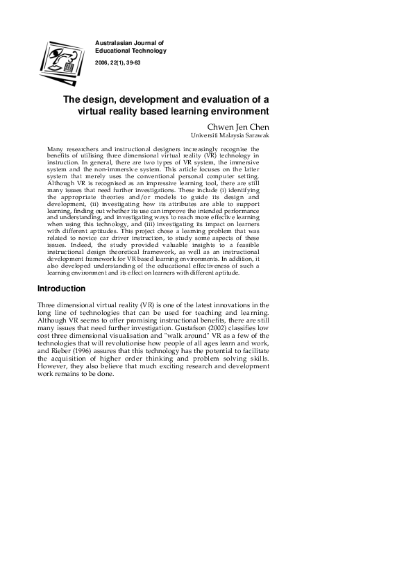 (PDF) The Design, Development and Evaluation of a Virtual Reality (VR ...