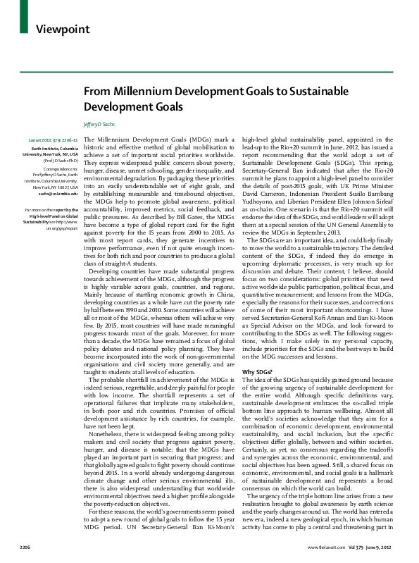(PDF) From millennium development goals to sustainable development goals