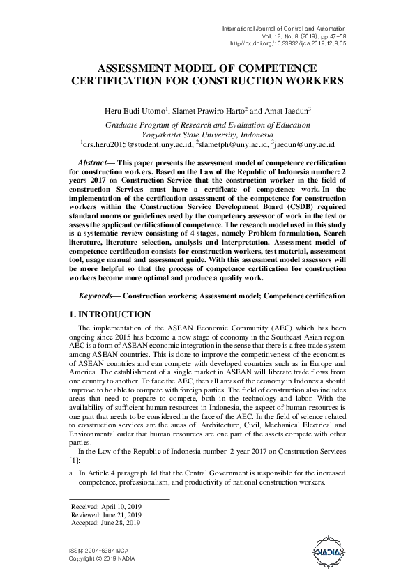 (PDF) Assessment Model of Competence Certification for Construction Workers