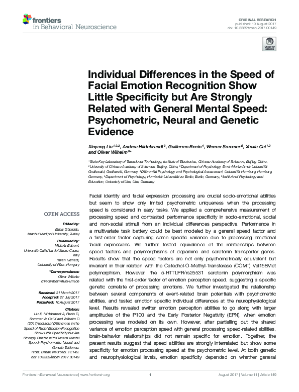 (PDF) Individual Differences in the Speed of Facial Emotion Recognition ...