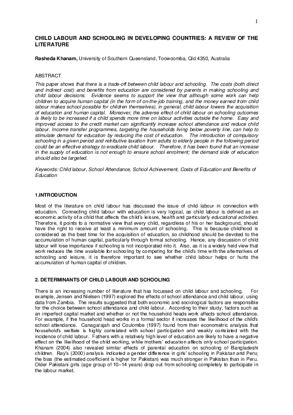 (PDF) Child labour and schooling in developing countries: a review of ...