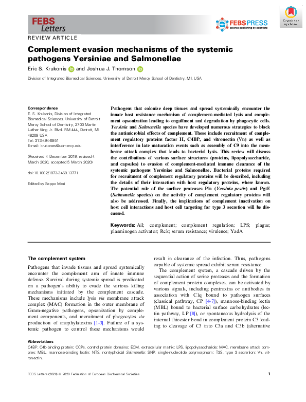 (PDF) Complement Evasion Mechanisms of the Systemic Pathogens Yersiniae ...