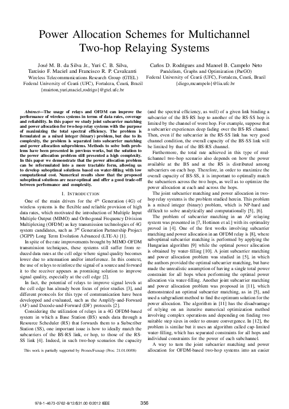 (PDF) Power allocation schemes for multichannel two-hop relaying systems