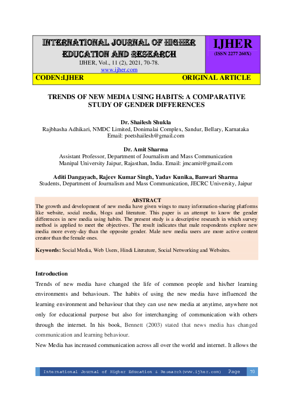 (PDF) TRENDS OF NEW MEDIA USING HABITS: A COMPARATIVE STUDY OF GENDER ...