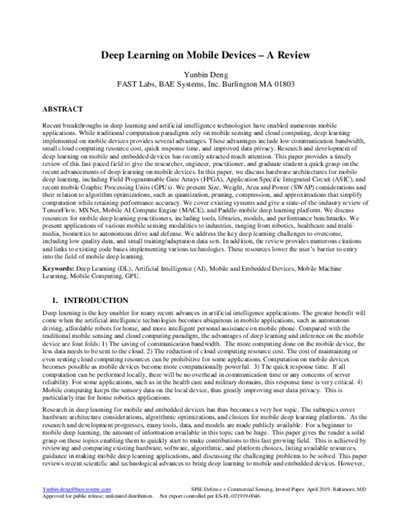 (PDF) Deep learning on mobile devices: a review