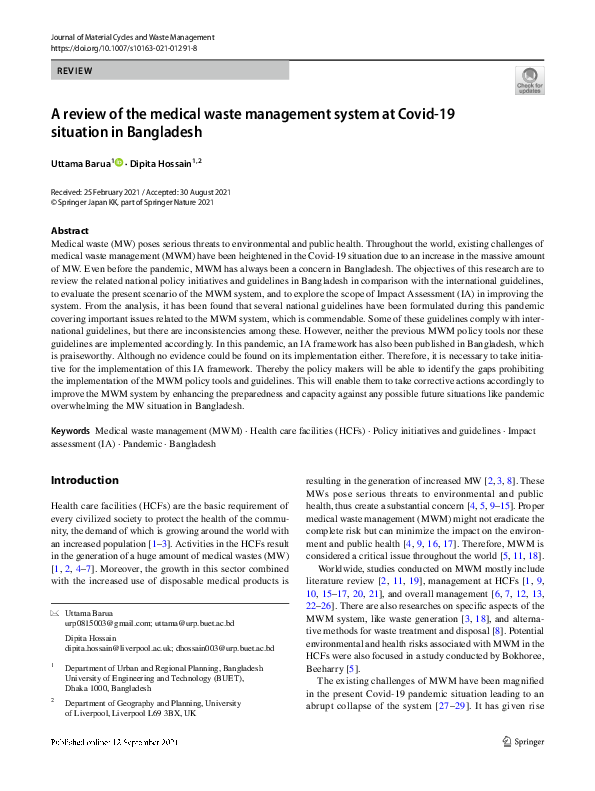 (PDF) A review of the medical waste management system at Covid19