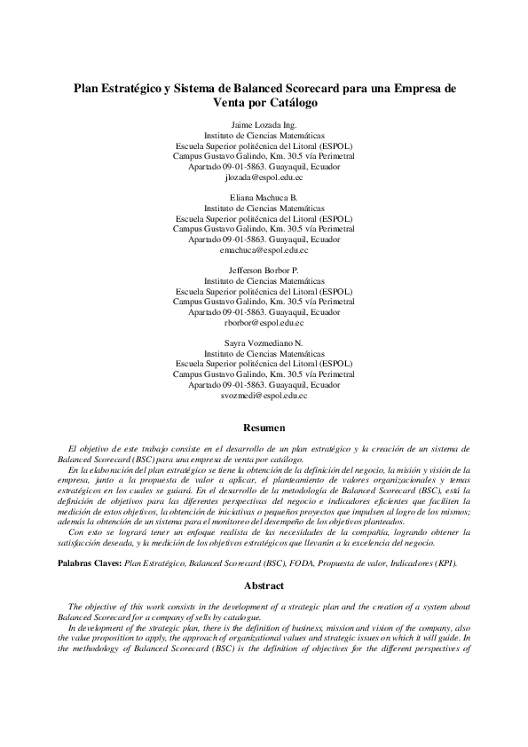 (PDF) Plan Estratégico Y Sistema De Balanced Scorecard Para Una Empresa ...