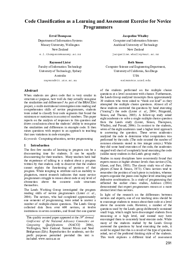 (PDF) Code classification as a learning and assessment exercise for ...