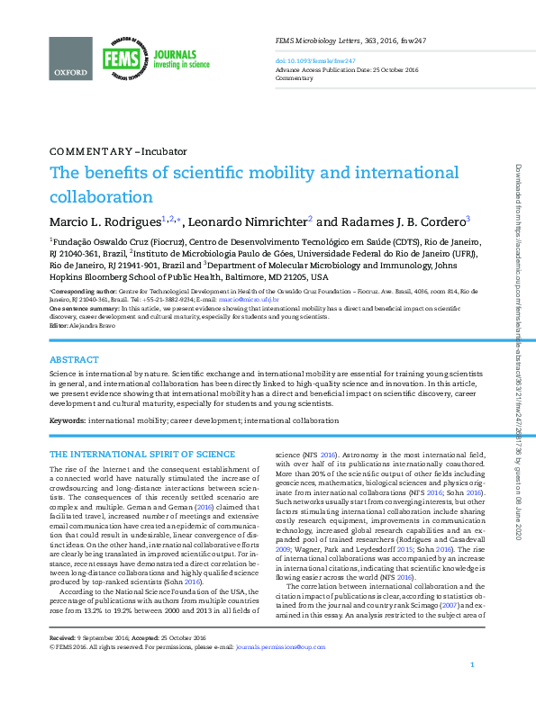 (PDF) The benefits of scientific mobility and international collaboration