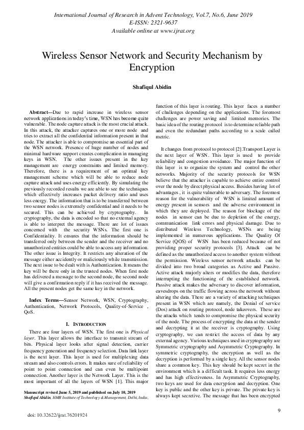 (PDF) Wireless Sensor Network and Security Mechanism by Encryption
