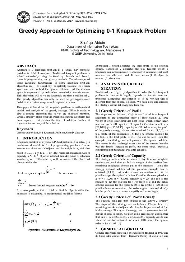 (PDF) Greedy Approach for Optimizing 0-1 Knapsack Problem