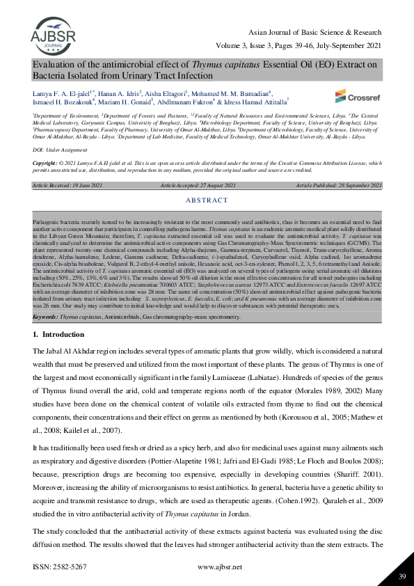 (PDF) Evaluation of the antimicrobial effect of Thymus capitatus