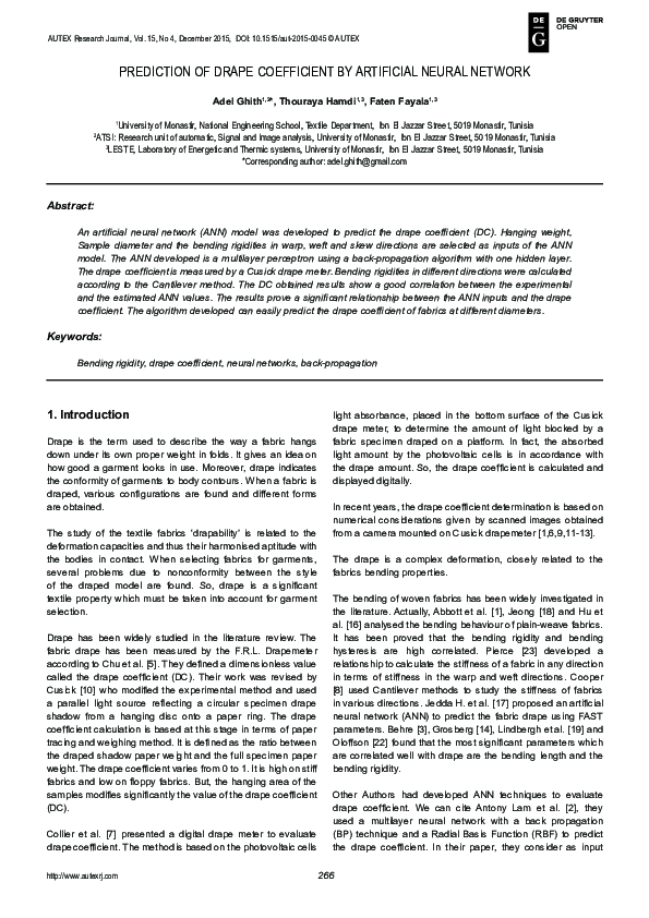 (PDF) Prediction Of Drape Coefficient By Artificial Neural Network