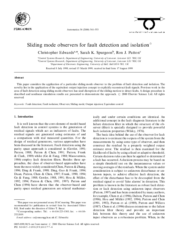 (PDF) Sliding mode observers for fault detection and isolation