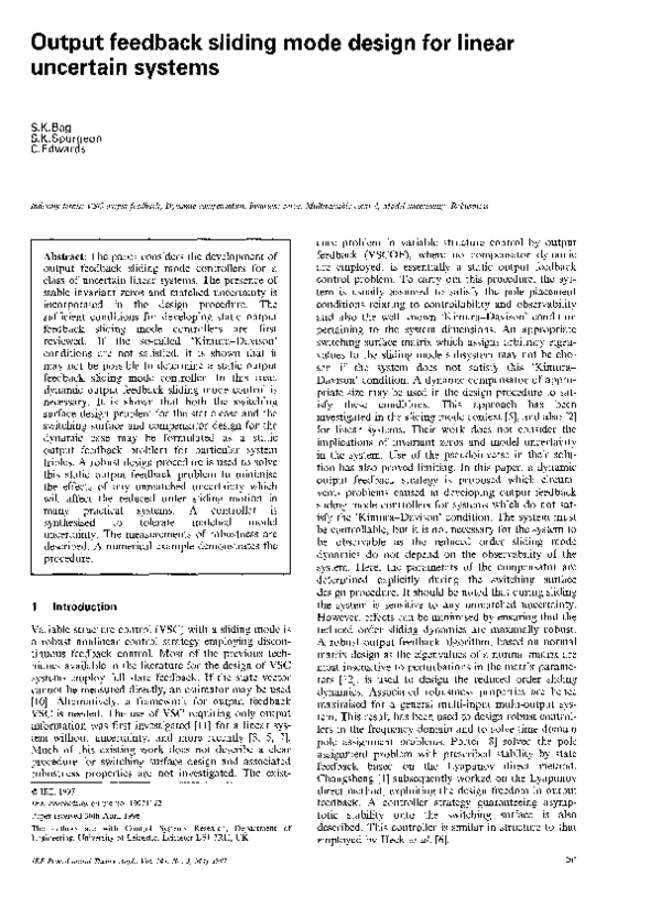 (PDF) Output feedback sliding mode design for linear uncertain systems